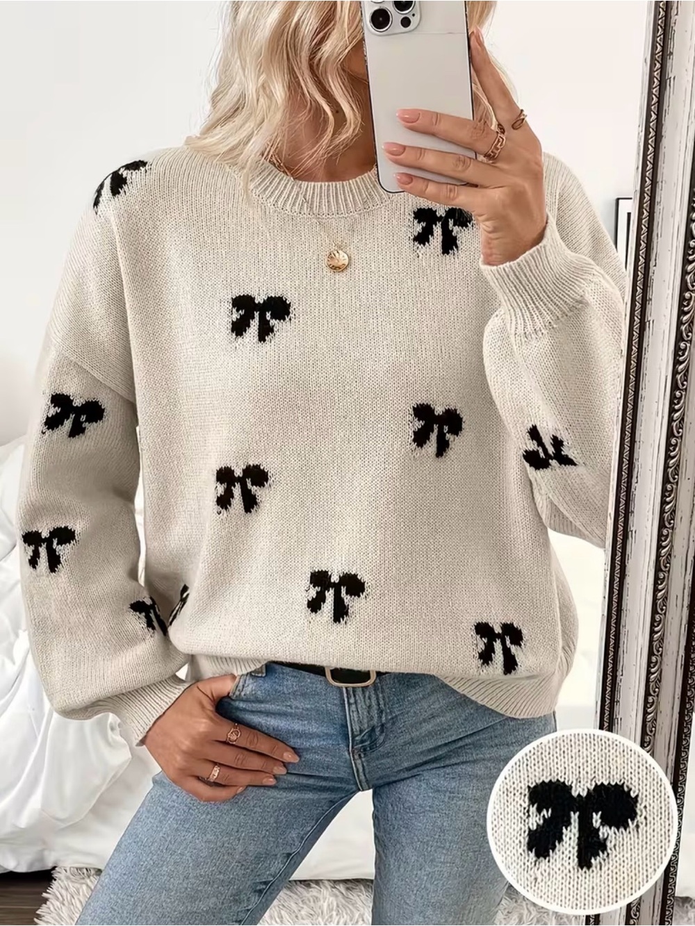Cream Bow-Print Crewneck Sweater